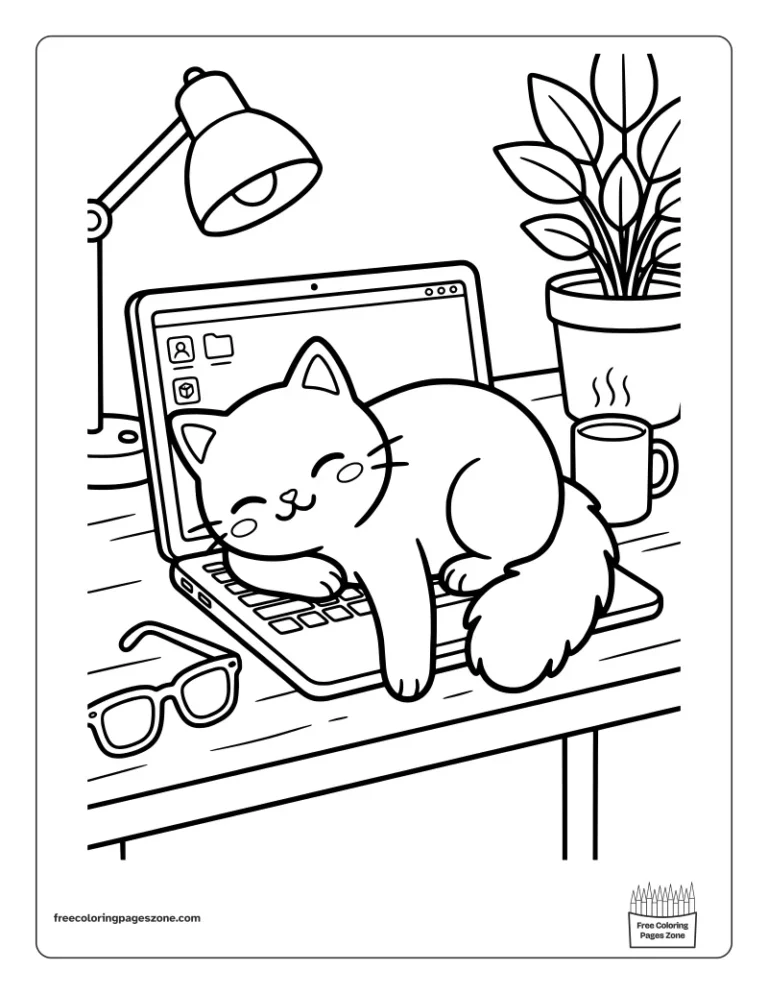 Funny cozy cat asleep on an open laptop on a desk with a mug and a lamp coloring page