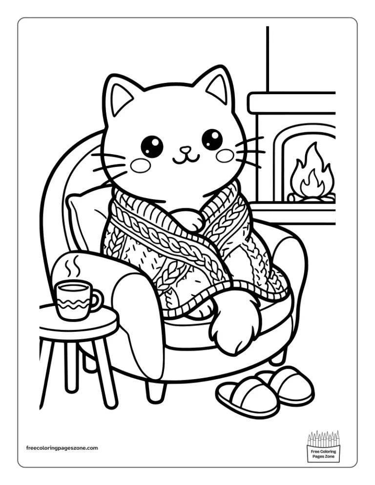 Cozy cat wrapped in a knitted blanket in an armchair by the fireplace, with a mug and slippers, coloring page