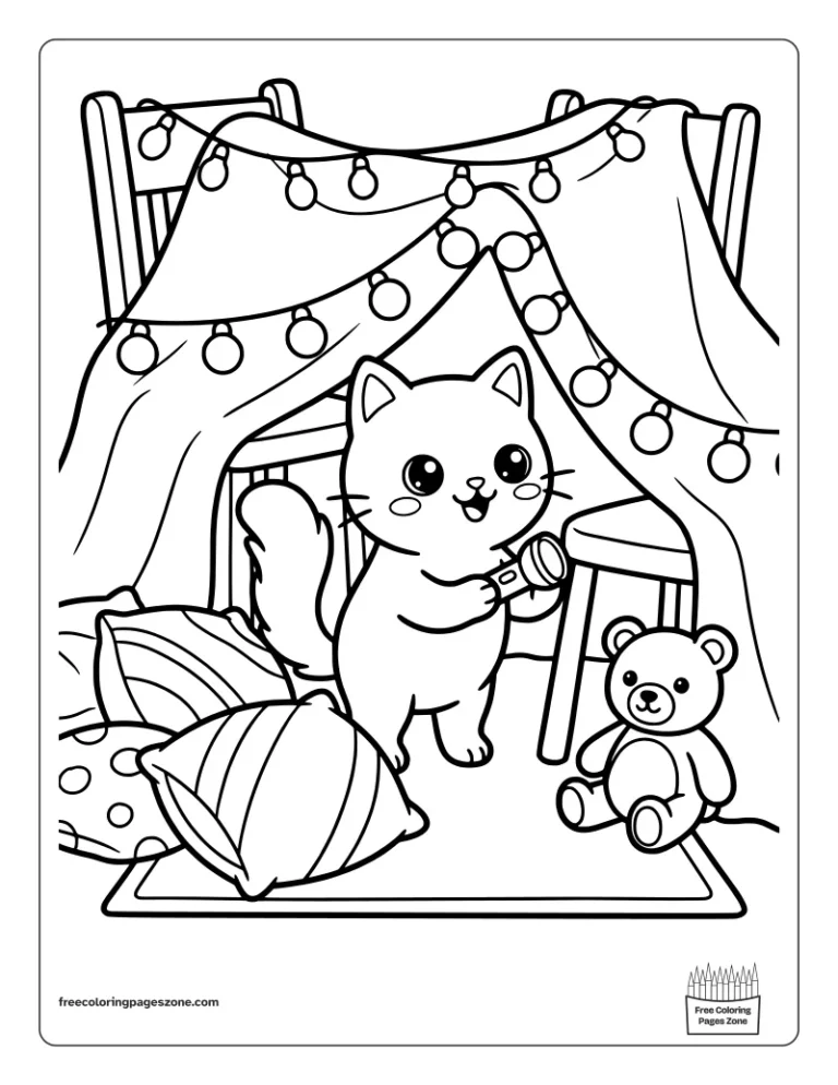Cozy cat with a flashlight in a blanket fort with fairy lights and a teddy bear coloring page
