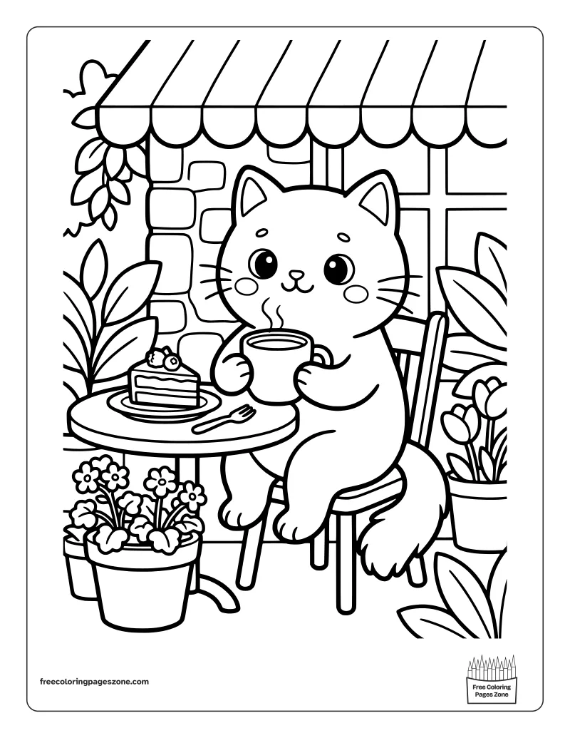 Cozy cat with a cup of coffee and a slice of cake at a café table coloring page