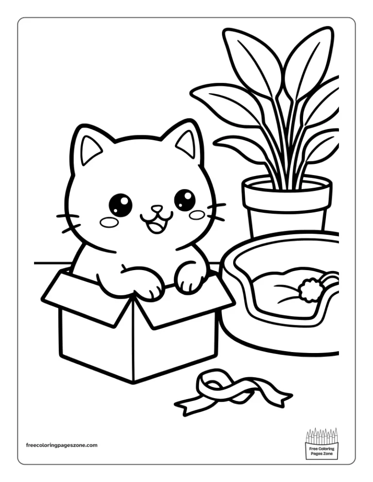 Funny cozy cat sitting in a cardboard box next to an empty cat bed coloring page