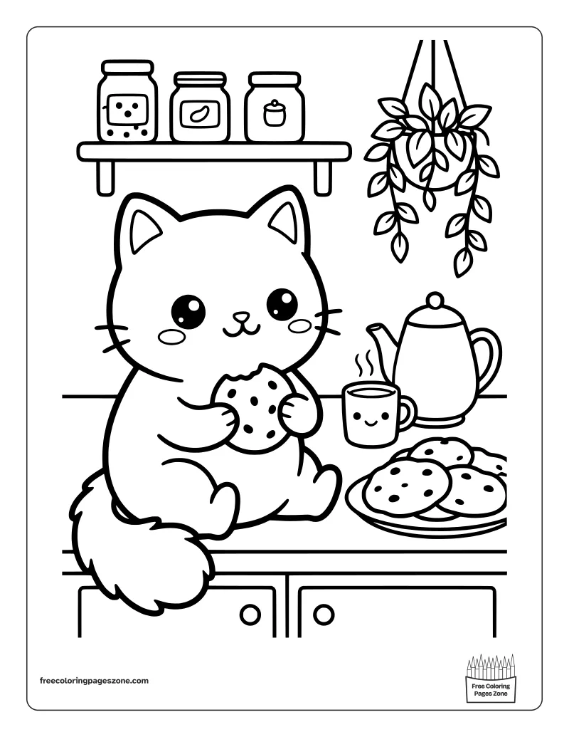 Cozy cat eating a cookie on a kitchen counter next to a teapot and a plate of cookies coloring page