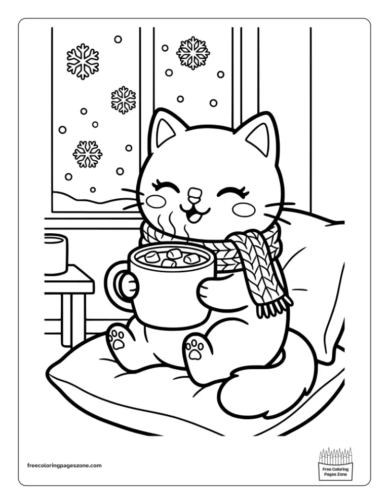 Cozy cat in a knitted scarf sipping hot cocoa with a marshmallow on its nose coloring page