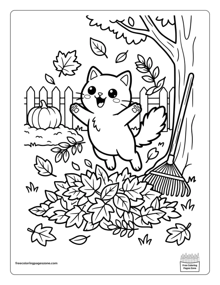 Cozy fall cat jumping into a pile of autumn leaves with a rake and a pumpkin coloring page