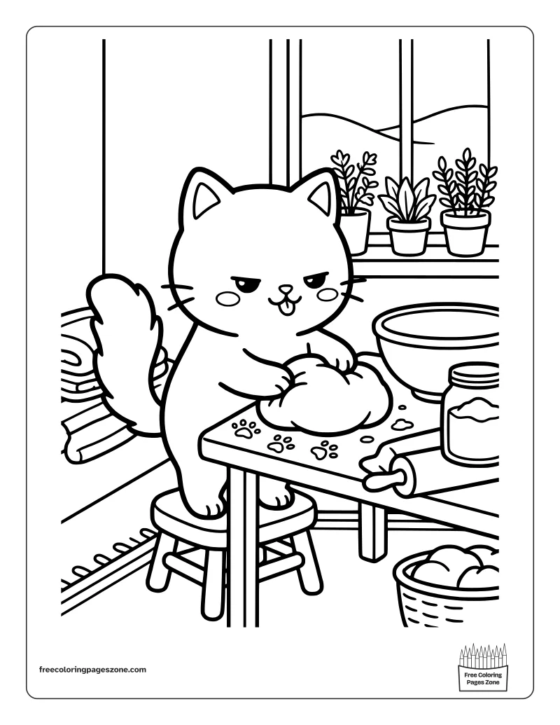 Cozy cat kneading bread dough on a stool with floury paw prints and a rolling pin coloring page