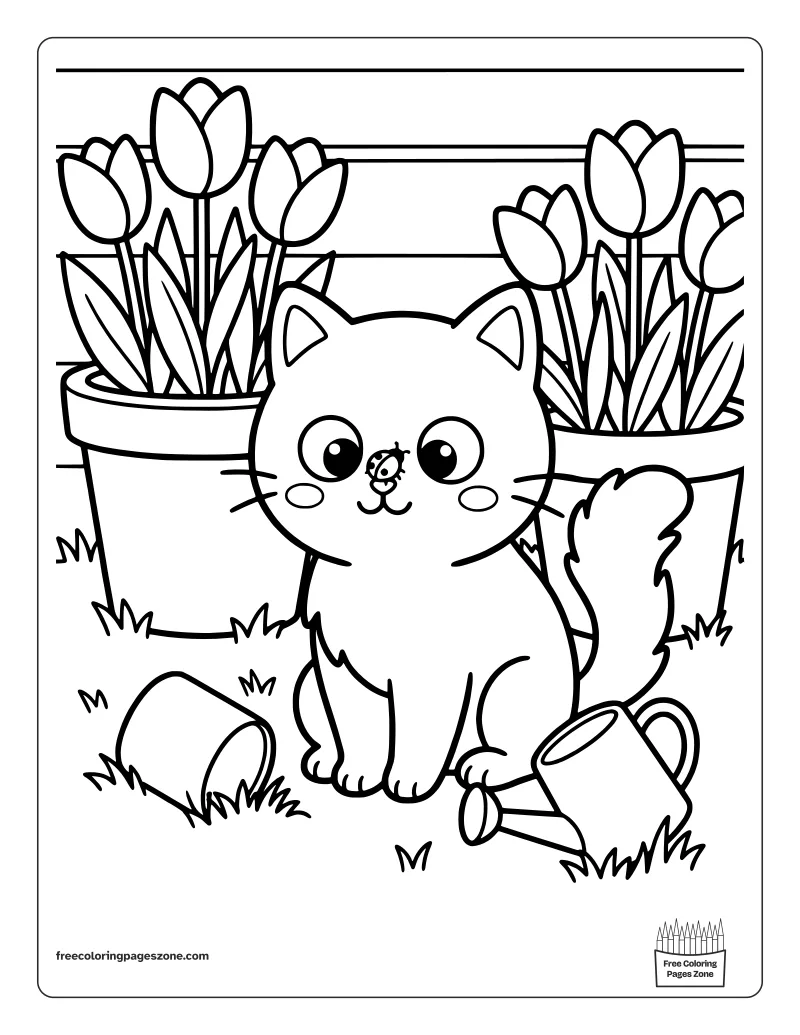 Cozy spring cat with a ladybug on its nose among tulip pots and a watering can coloring page