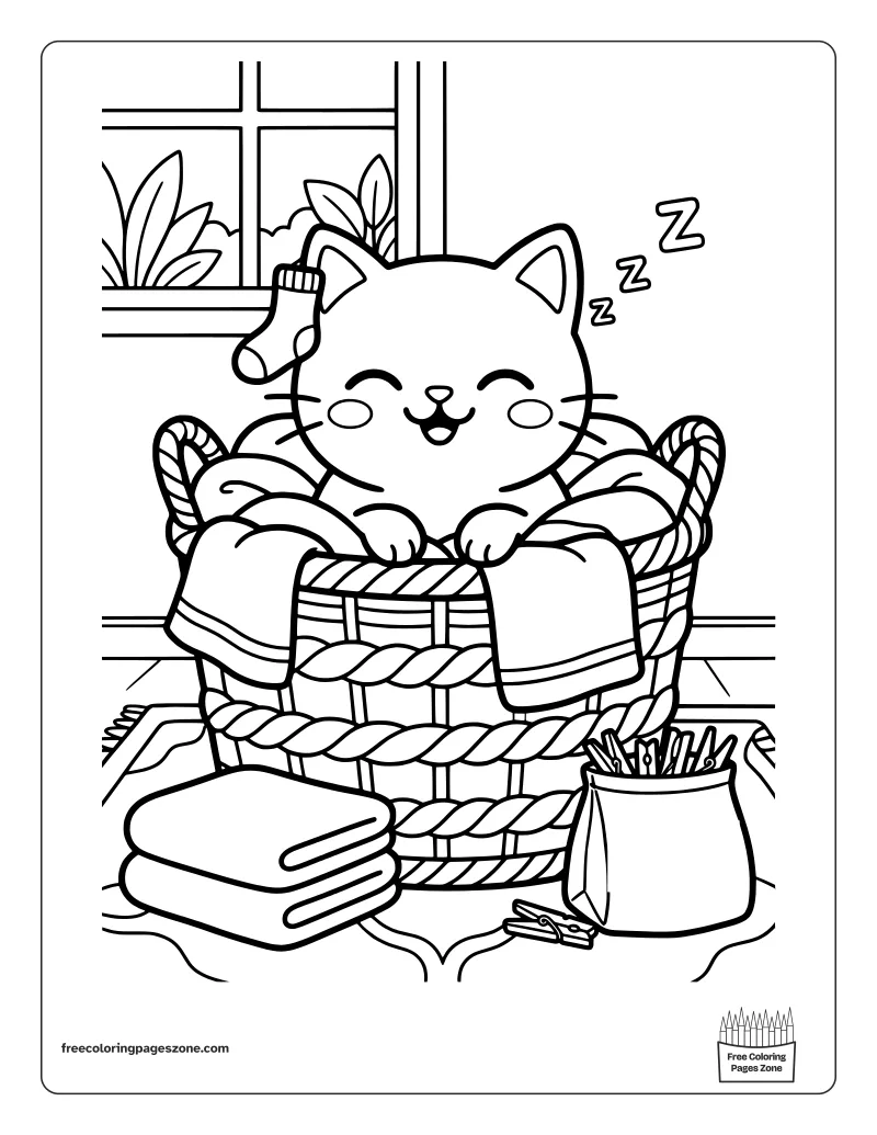 Cozy cat in a basket of fresh laundry with a sock on its ear coloring page