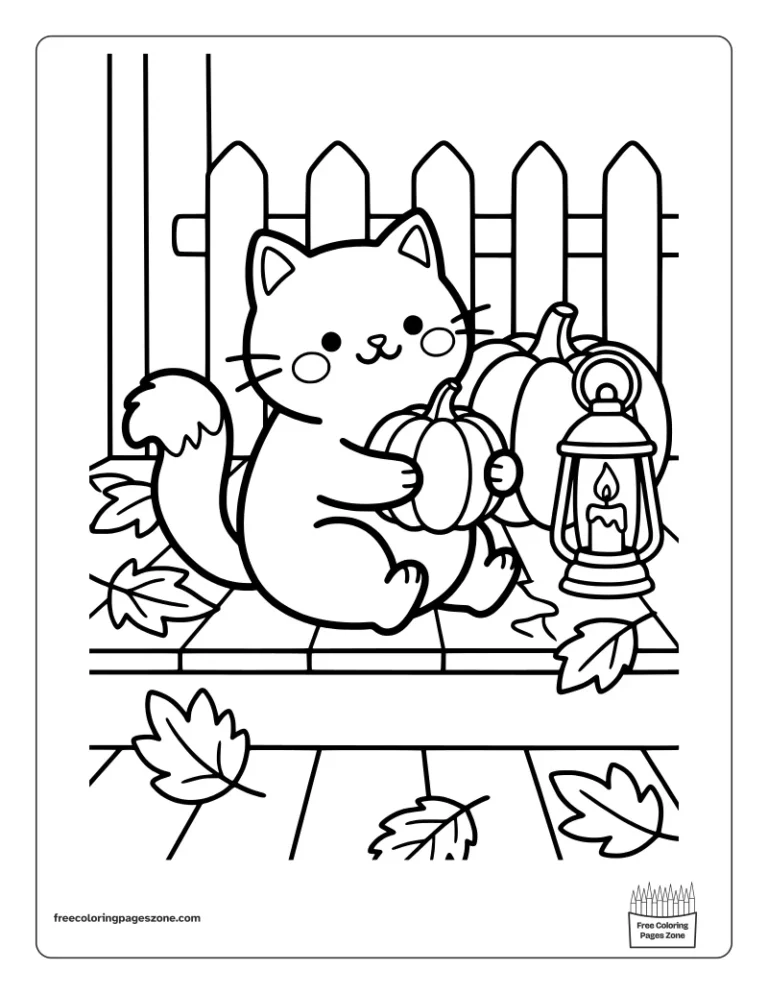 Cozy fall cat hugging a pumpkin on a porch with a lantern and autumn leaves coloring page