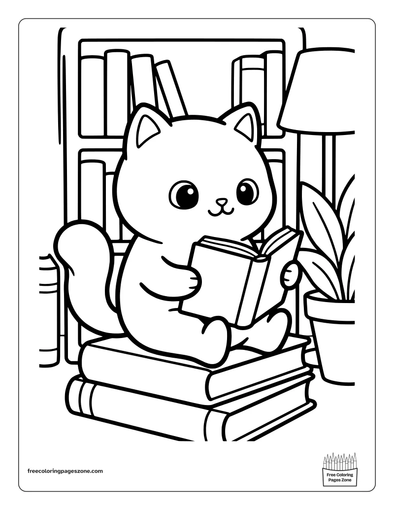 Cozy cat reading on a stack of books with a bookshelf, a lamp and a plant coloring page