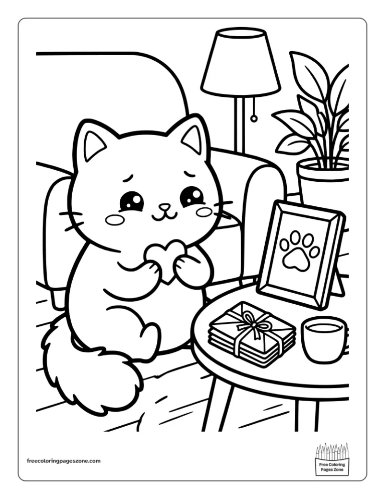 Cozy cat hugging a heart next to a framed paw print, old letters and a cup of tea coloring page
