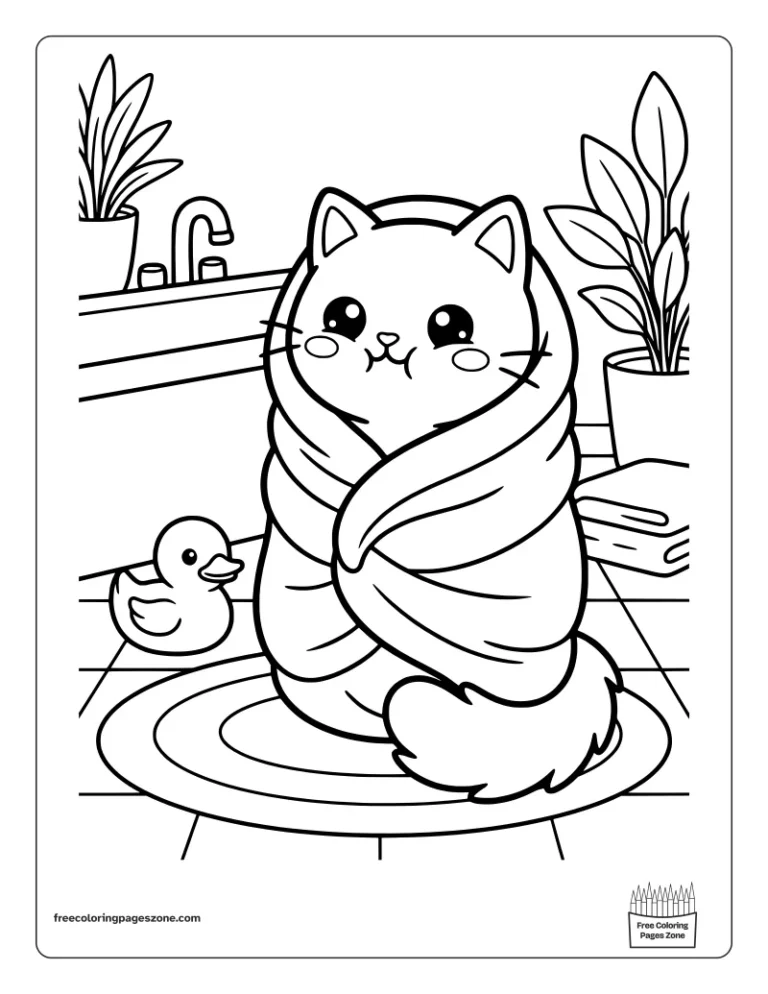 Cozy cat wrapped in a fluffy towel after a bath with a rubber duck coloring page