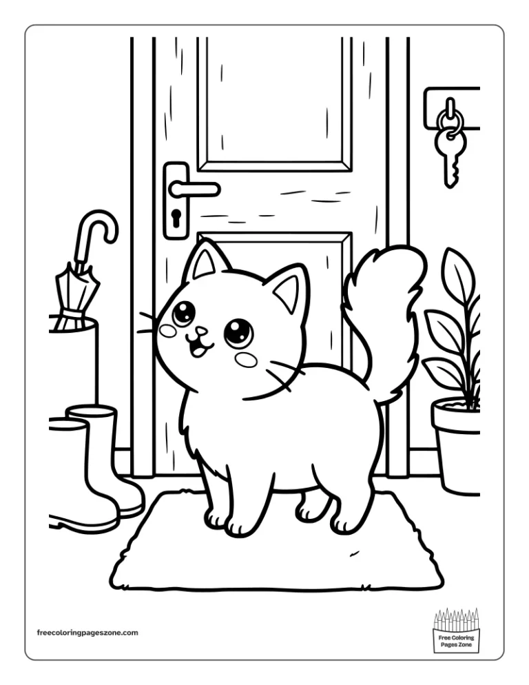 Cozy cat waiting on the doormat by the front door with rain boots and an umbrella coloring page