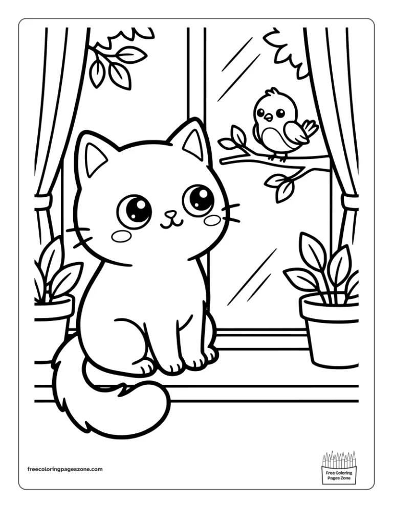 Cozy cat on a windowsill watching a little bird on a branch outside coloring page
