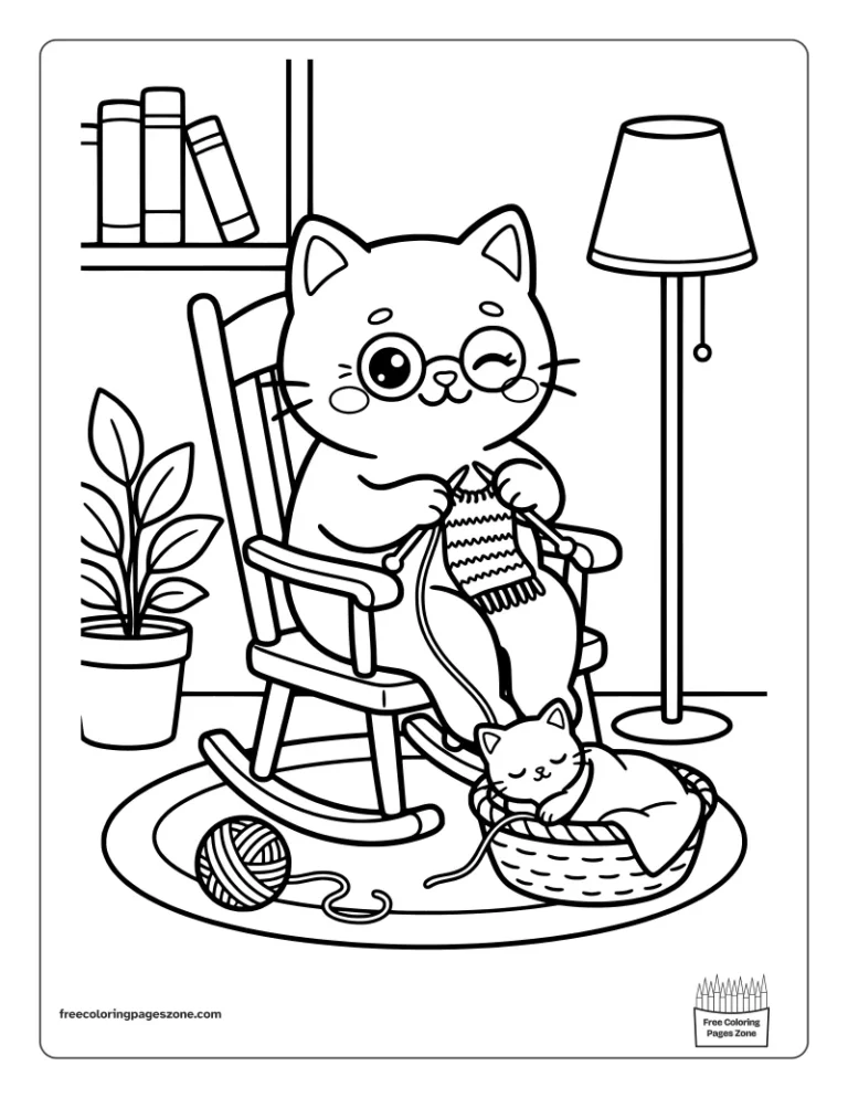 Cozy grandma cat in round glasses knitting a scarf in a rocking chair beside a sleeping kitten coloring page