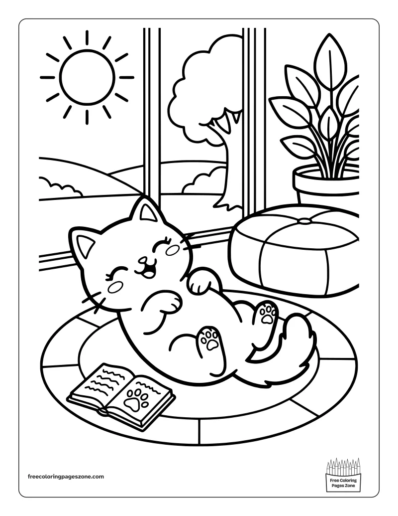 Cozy cat napping belly up on a round rug by a sunny window with an open book, coloring page
