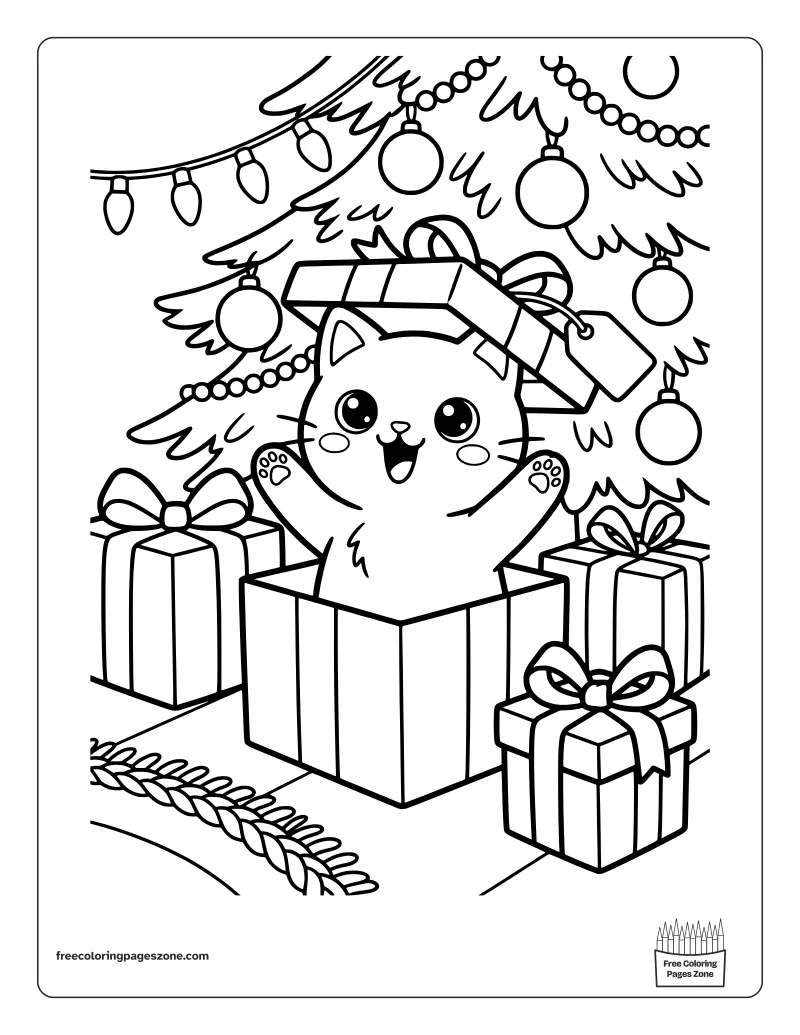 Cozy Christmas kitten popping out of a gift box under the tree with the lid on its head coloring page