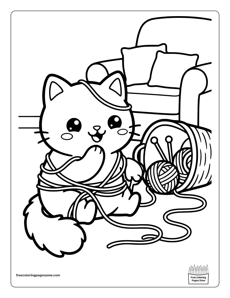 Cozy kitten tangled in yarn next to a tipped-over knitting basket coloring page