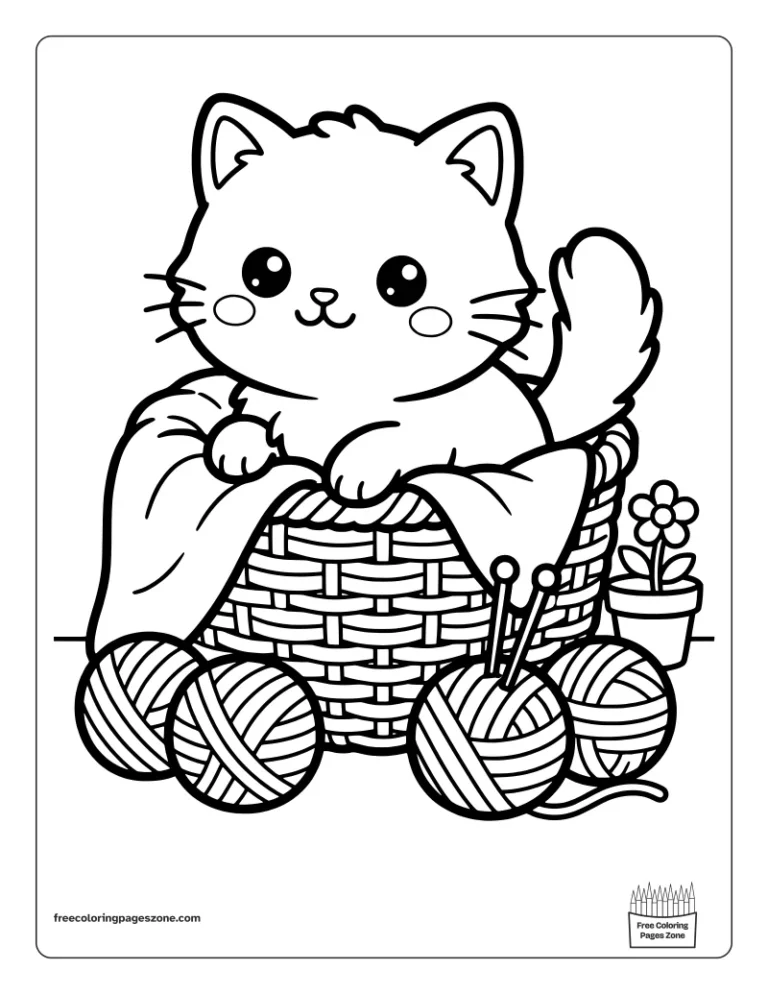 Cozy kitten peeking out of a woven yarn basket with a blanket and knitting needles coloring page