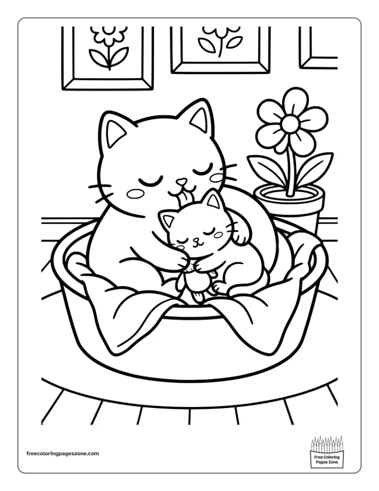 Cozy mother cat licking her sleeping kitten in a round basket coloring page