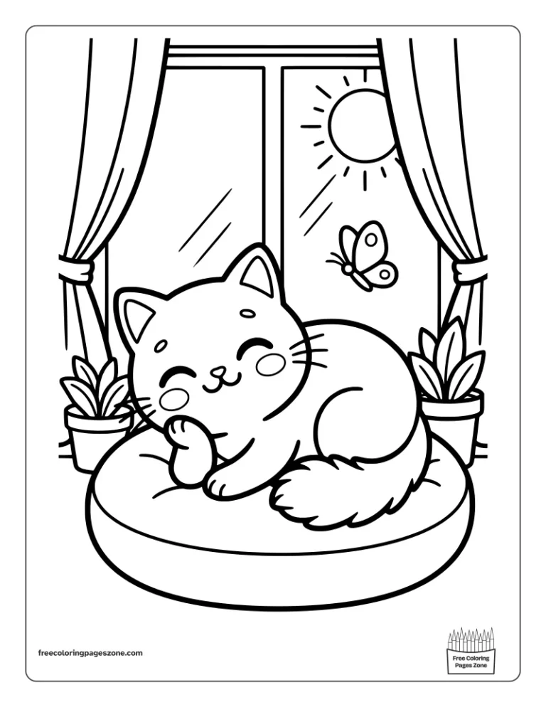 Cozy cat asleep on a round cushion by a sunny window with plants and a butterfly, bold and easy coloring page