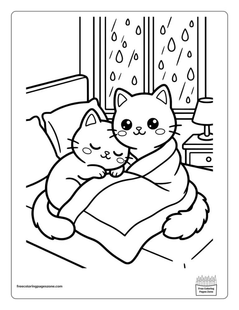 Two cozy cats snuggled under a blanket on a bed on a rainy day coloring page