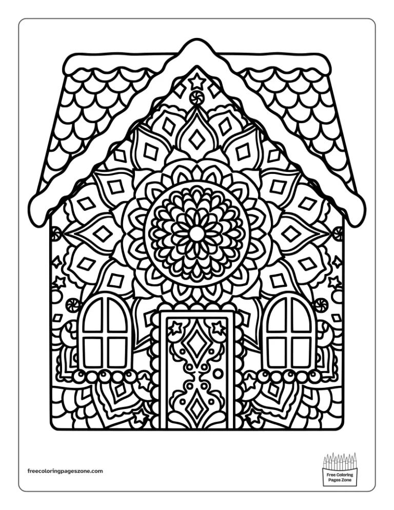 Christmas mandala gingerbread house coloring page with a snowy roof, two windows and a door
