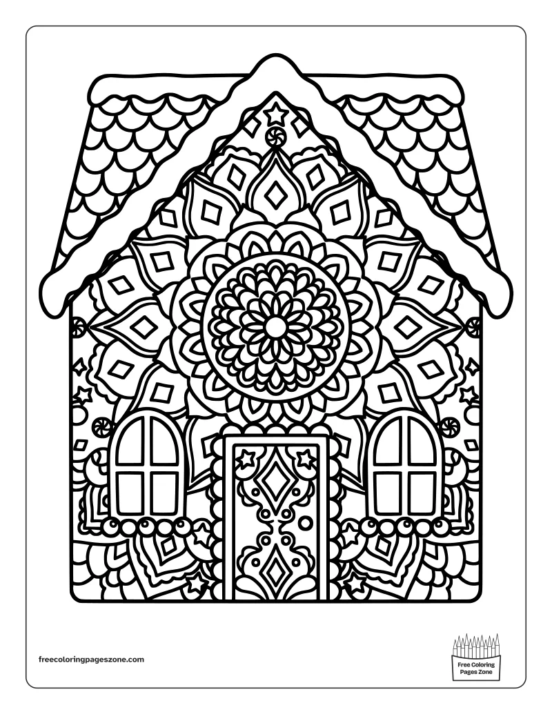 Christmas mandala gingerbread house coloring page with a snowy roof, two windows and a door