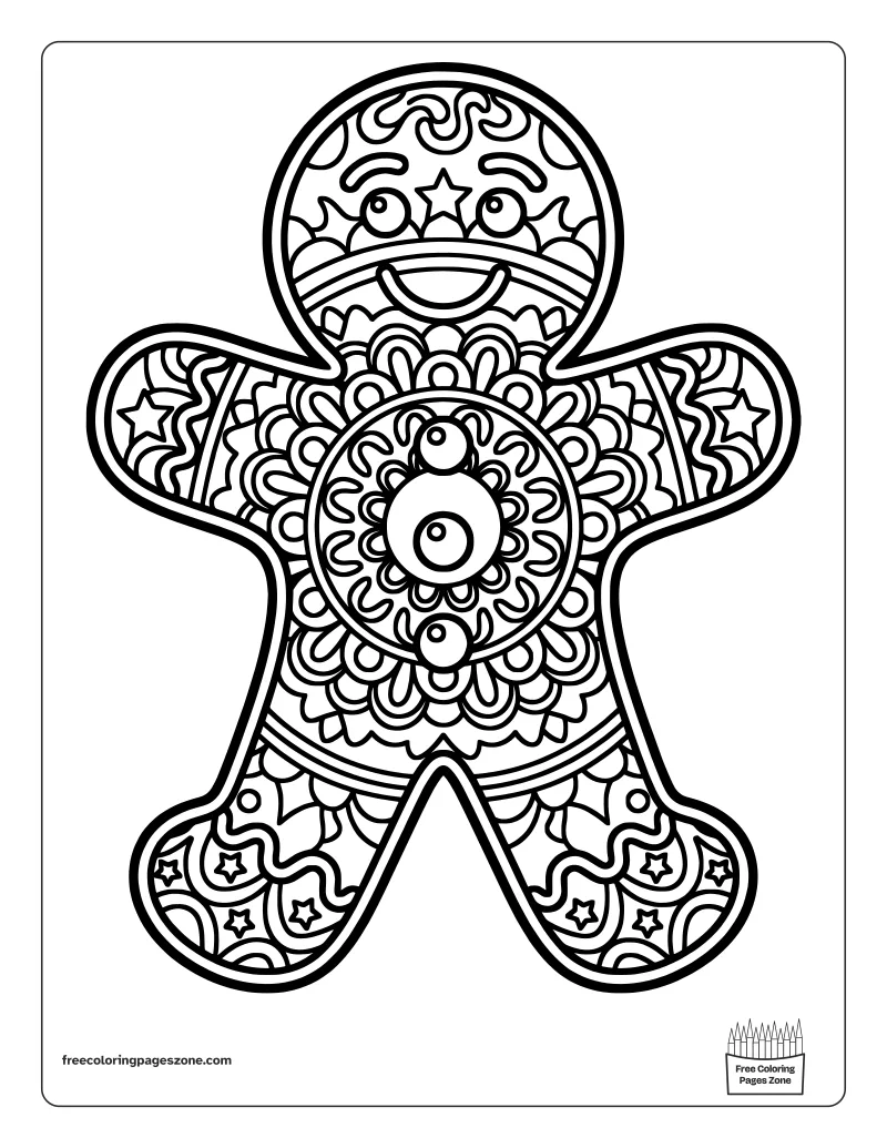 Christmas mandala gingerbread man cookie coloring page with icing swirls, buttons and a big smile