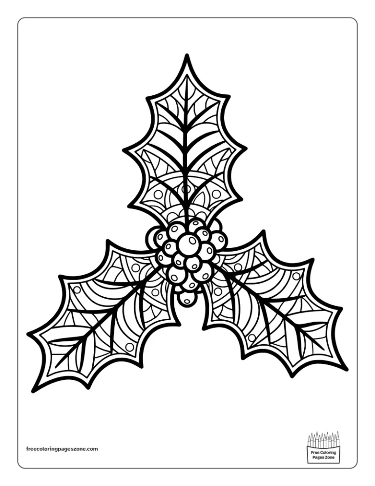 Christmas mandala holly coloring page with three large leaves and a cluster of round berries