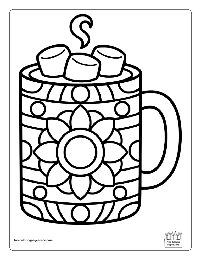 Christmas mandala hot cocoa mug coloring page with marshmallows, a curl of steam and a big flower