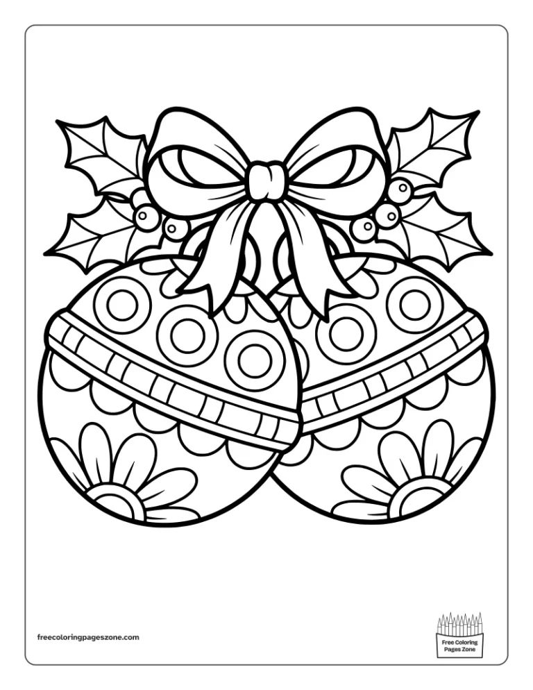 Christmas mandala jingle bells coloring page with two bells, a ribbon bow and holly leaves