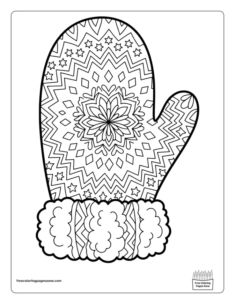 Christmas mandala mitten coloring page with zigzags, small stars and a fluffy cuff