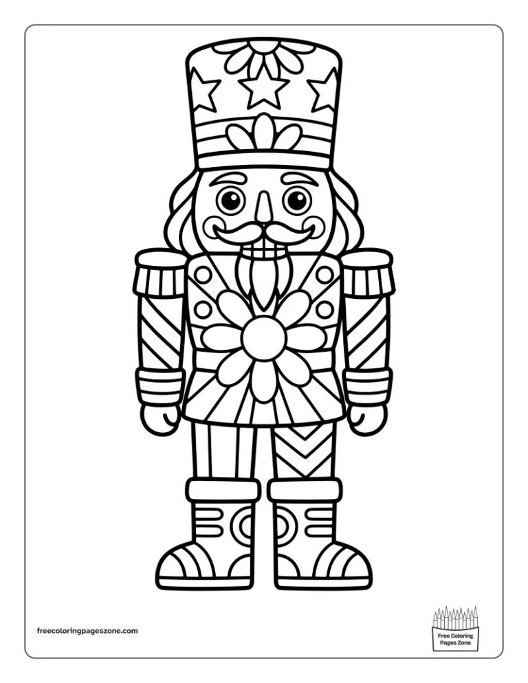 Christmas mandala nutcracker coloring page of a wooden toy soldier with a tall hat, buttons and stars