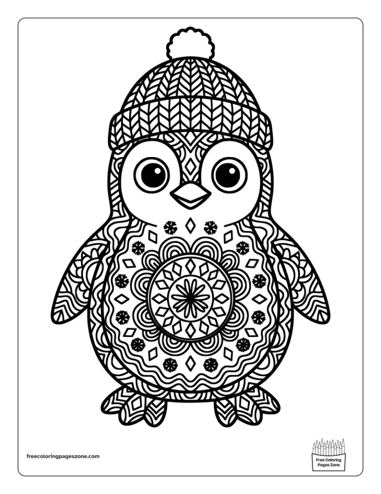 Christmas mandala penguin coloring page of a penguin in a knitted hat with big round eyes