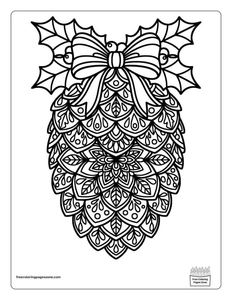 Christmas mandala pine cone coloring page with a ribbon bow and holly leaves on top