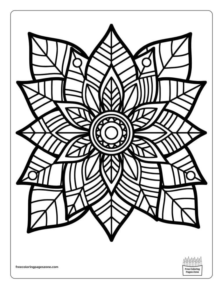 Christmas mandala poinsettia coloring page of a big flower with pointed petals and leaves