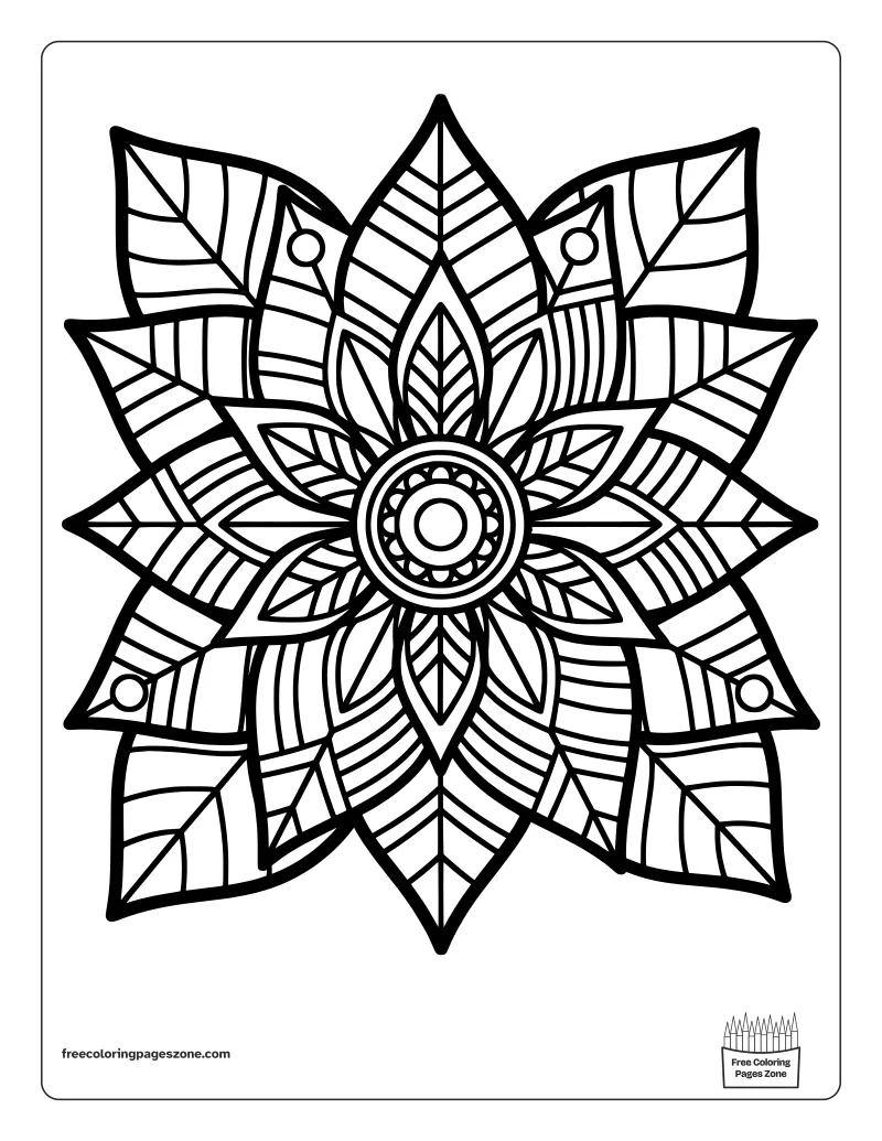Christmas mandala poinsettia coloring page of a big flower with pointed petals and leaves