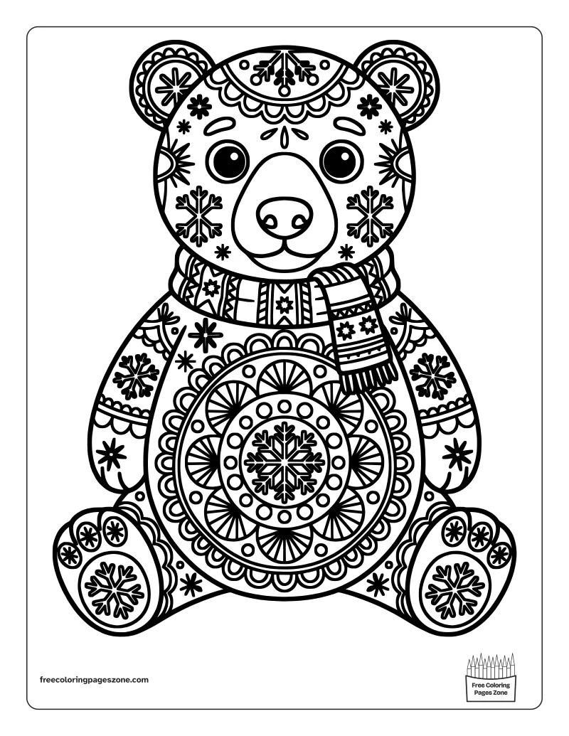 Christmas mandala polar bear coloring page of a sitting bear in a knitted scarf with snowflakes