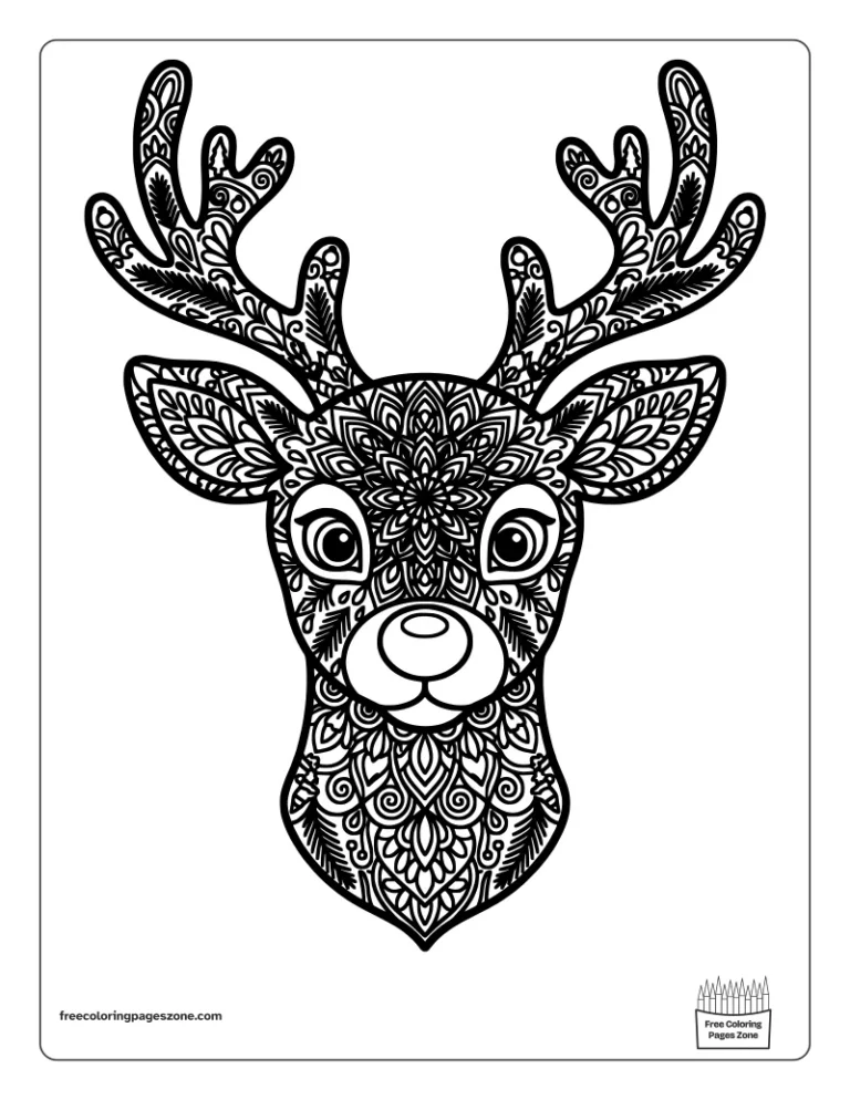 Christmas mandala reindeer coloring page of a cute reindeer head with big antlers and gentle eyes