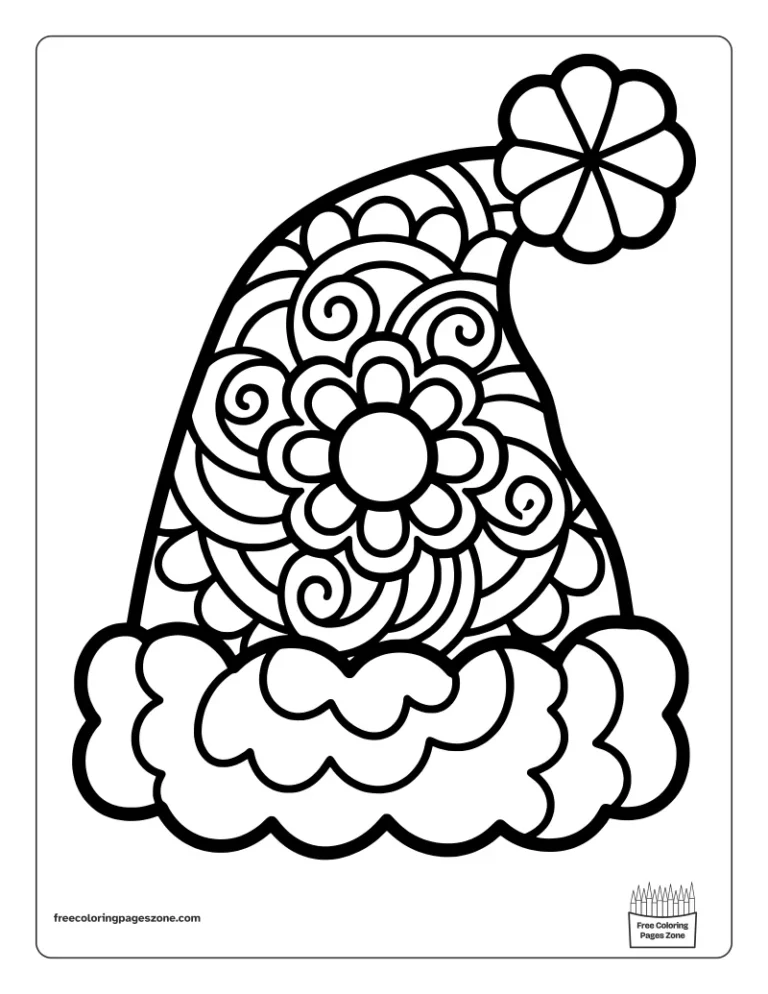 Christmas mandala Santa hat coloring page with swirls, scallops and a fluffy pompom