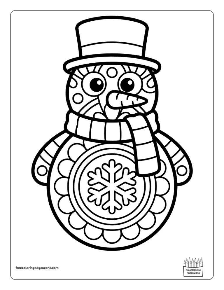 Christmas mandala snowman coloring page with a top hat, a striped scarf and a big snowflake on its belly