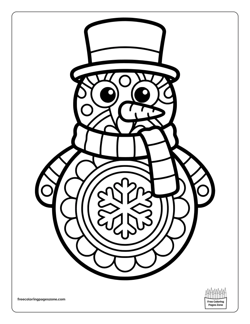 Christmas mandala snowman coloring page with a top hat, a striped scarf and a big snowflake on its belly